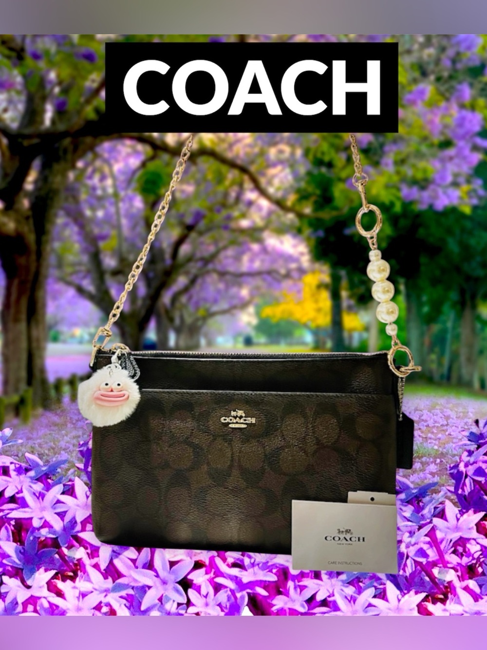 COACH Black Signature Monogram Chain Crossbody with Pearl Accent - Picture 3 of 17